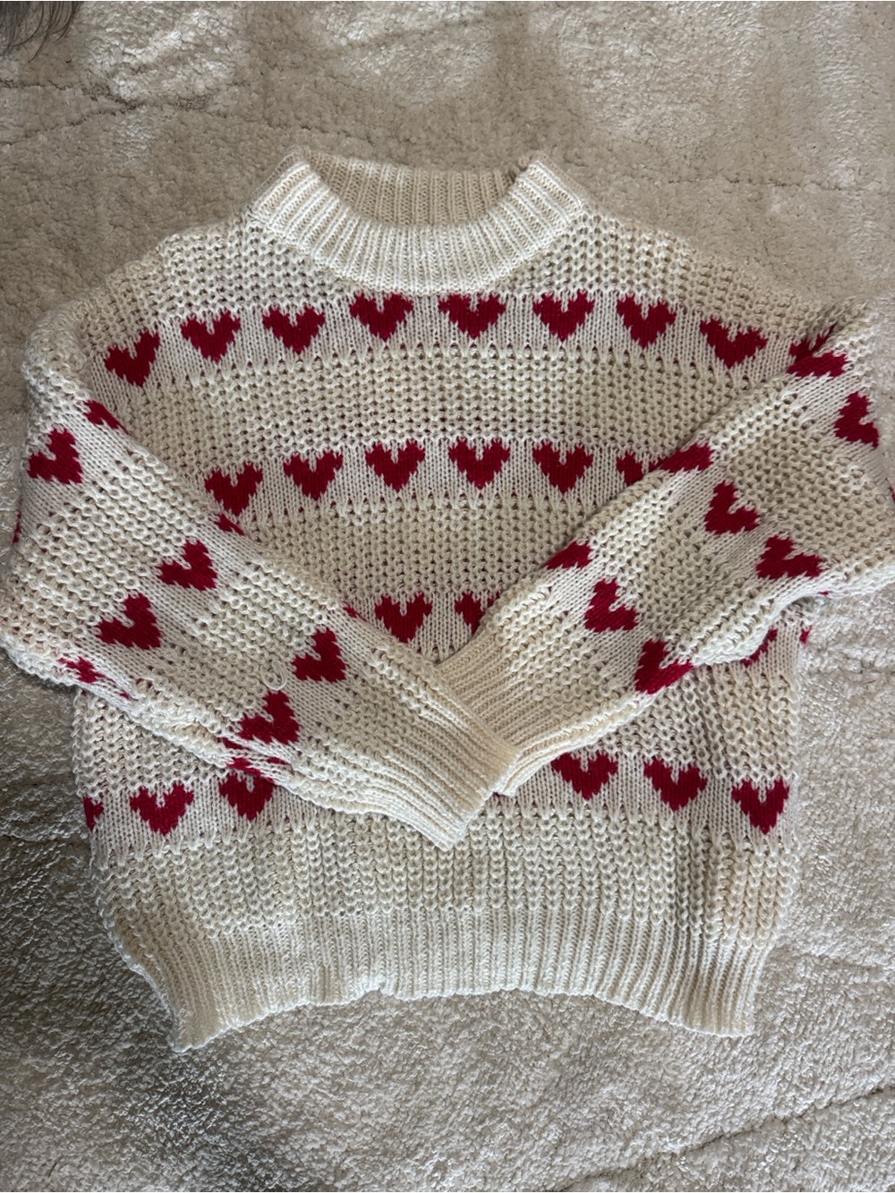 Cream Knit Sweater with Red Heart Pattern - Women's Sweater